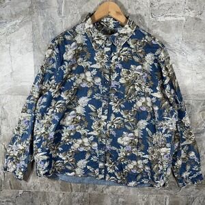 Vintage Ms Lee blue floral button up shirt Woman's Size XL 100% Cotton #floral